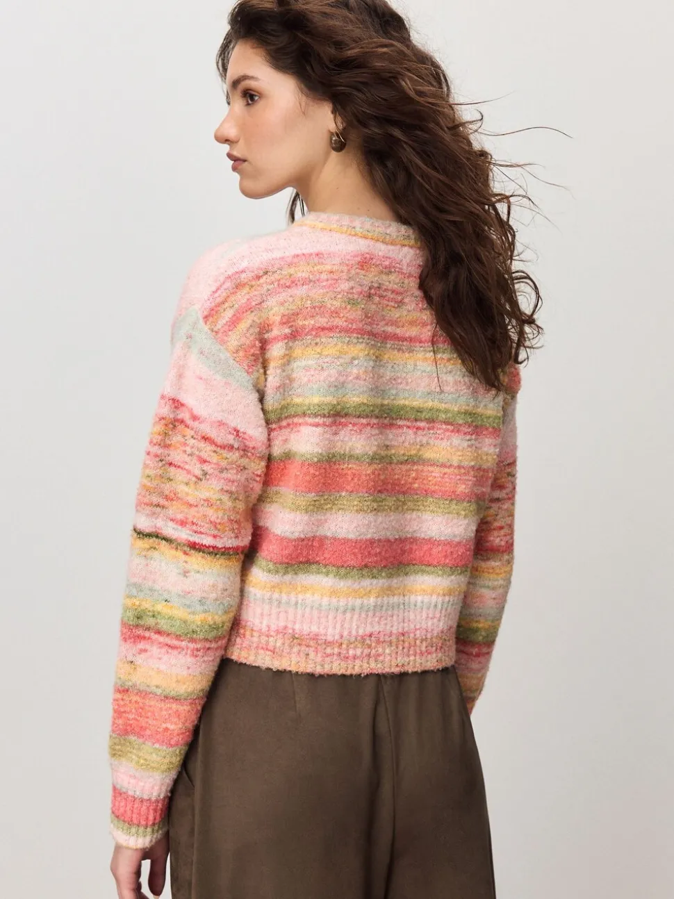 Coral Pink/Orange - Spacedye Knitted Crew Neck Cardigan