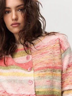Coral Pink/Orange - Spacedye Knitted Crew Neck Cardigan