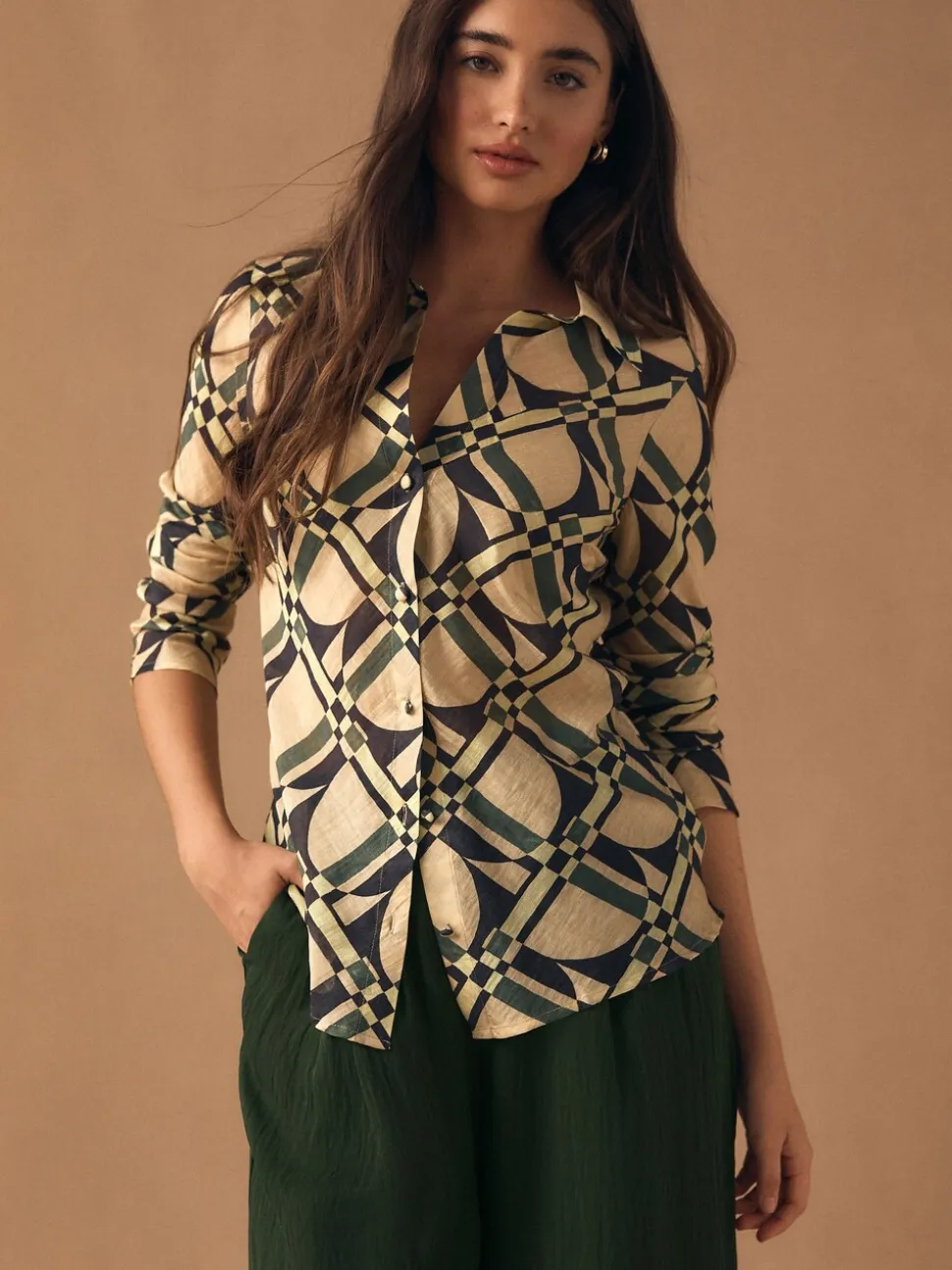 Cream/Green Geometric Print - Lyocell Blend Collared V-Neck Shirt