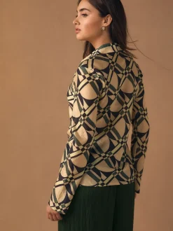 Cream/Green Geometric Print - Lyocell Blend Collared V-Neck Shirt