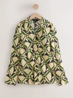 Cream/Green Geometric Print - Lyocell Blend Collared V-Neck Shirt