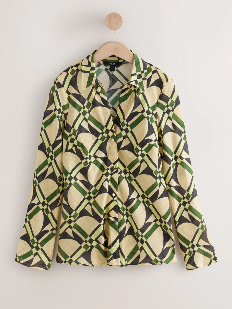 Cream/Green Geometric Print - Lyocell Blend Collared V-Neck Shirt