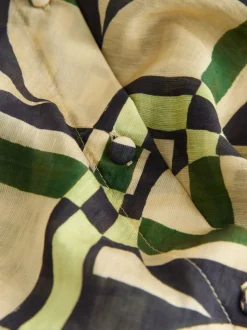 Cream/Green Geometric Print - Lyocell Blend Collared V-Neck Shirt