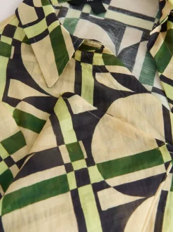 Cream/Green Geometric Print - Lyocell Blend Collared V-Neck Shirt