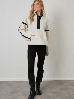 Crème - Another Sunday Half Zip Contrast Trim Borg Fleece