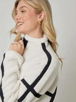 Crème - Another Sunday Half Zip Contrast Trim Borg Fleece