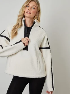 Crème - Another Sunday Half Zip Contrast Trim Borg Fleece