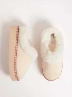 Crème - Friends Like These Faux Fur Cuff Embroidered Tape Nightwear Mule Slippers