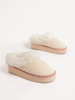 Crème - Friends Like These Faux Fur Cuff Embroidered Tape Nightwear Mule Slippers