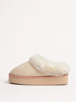 Crème - Friends Like These Faux Fur Cuff Embroidered Tape Nightwear Mule Slippers