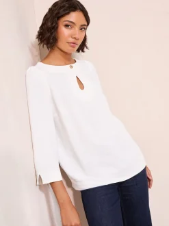 Crème - Friends Like These 3/4 Sleeve Keyhole Front Hardware Detail Blouse