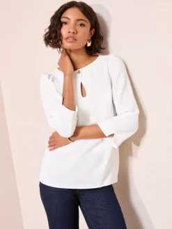 Crème - Friends Like These 3/4 Sleeve Keyhole Front Hardware Detail Blouse