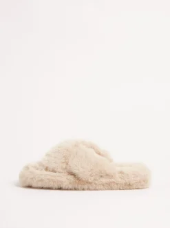 Crème - Lipsy pantoffels van imitatiebont met gekruiste banden voor nachtkleding