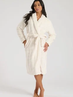 Crème - Loungeable Bubble Cut Fleece Shawl Collar Midi Dressing Gown