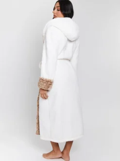 Crème - Loungeable Leopard Print Faux Fur Trim Midi Dressing Gown