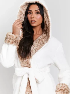 Crème - Loungeable Leopard Print Faux Fur Trim Midi Dressing Gown