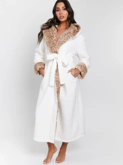 Crème - Loungeable Leopard Print Faux Fur Trim Midi Dressing Gown