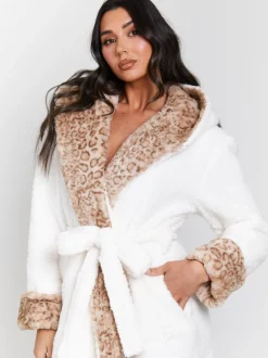 Crème - Loungeable Leopard Print Faux Fur Trim Midi Dressing Gown