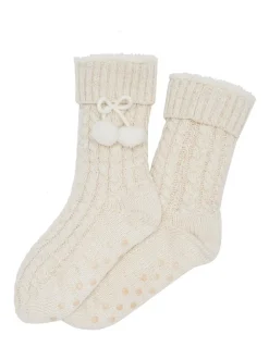 Crème - Pour Moi - Comfortabele gebreide pantoffelsok met kabelpatroon