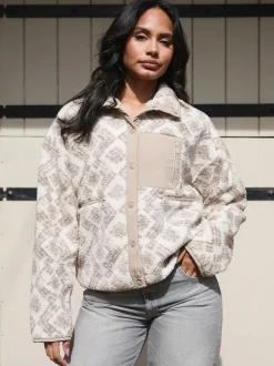 Crème - South Beach Print Oversized Borg Zip Jacket With Pocket