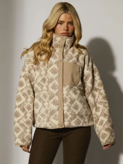 Crème - South Beach Print Oversized Borg Zip Jacket With Pocket