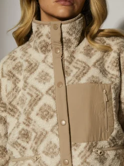 Crème - South Beach Print Oversized Borg Zip Jacket With Pocket