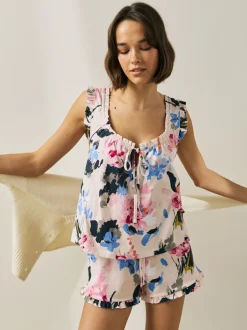 Crème gebloemd - 100% Cotton Vest Short Set Pyjamas