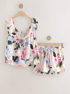 Crème gebloemd - 100% Cotton Vest Short Set Pyjamas