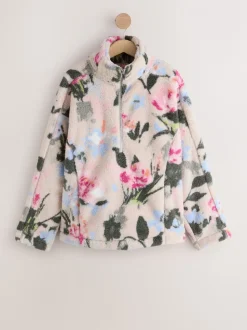 Crème gebloemd - Borg fleece met korte rits