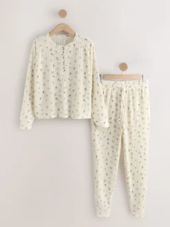 Crème gebloemd - Gezellige pyjama met wafeldessin en lange mouwen