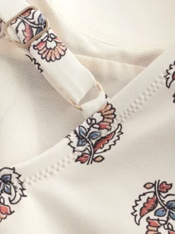 Crème Woodblock - Twist Front Tummy Control Badpak met print