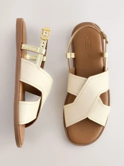 Crèmekleurig leer - Gestikte sandalen met hielbandje