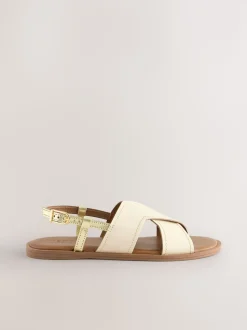 Crèmekleurig leer - Gestikte sandalen met hielbandje