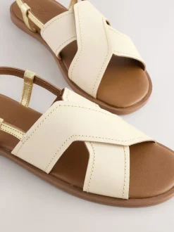 Crèmekleurig leer - Gestikte sandalen met hielbandje
