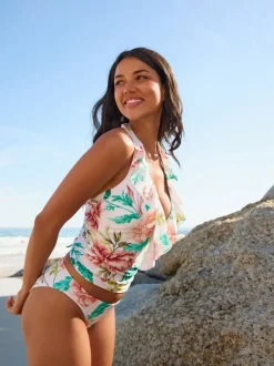 Crèmekleurige bloemenprint met hoogglans - Frill Halterneck Tummy Control Tankini Top