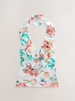 Crèmekleurige bloemenprint met hoogglans - Frill Halterneck Tummy Control Tankini Top