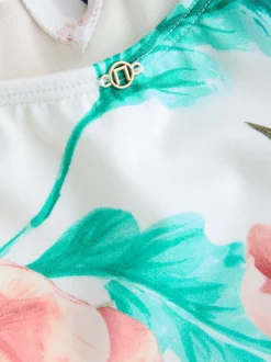Crèmekleurige bloemenprint met hoogglans - Frill Halterneck Tummy Control Tankini Top