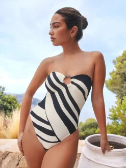 Crèmekleurig/zwart-gestreept - Hardware Tummy Control Bandeau Swimsuit