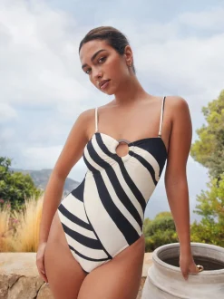 Crèmekleurig/zwart-gestreept - Hardware Tummy Control Bandeau Swimsuit