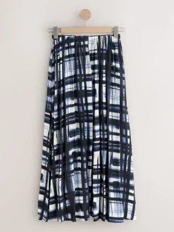 Crème/marineblauw ruit - Satin Pleated Maxi Skirt