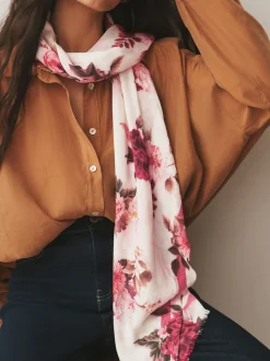 Crème/rood met bloemenprint - Lichte sjaal