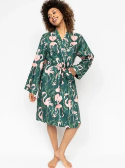 Cyberjammies - Korte smaragdgroene badjas met flamingoprint