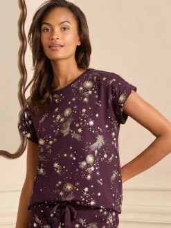Deep Berry - Love & Roses Christmas Short Sleeve Gold Foil Pyjama Set