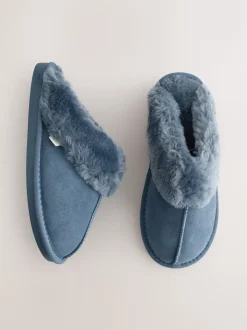 Denimblauw - Met imitatiebont gevoerde suède pantoffelmuiltjes