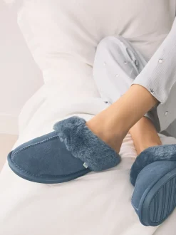 Denimblauw - Met imitatiebont gevoerde suède pantoffelmuiltjes