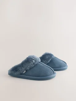 Denimblauw - Met imitatiebont gevoerde suède pantoffelmuiltjes