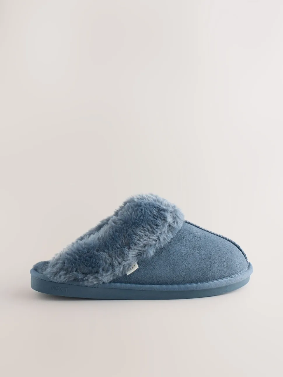 Denimblauw - Met imitatiebont gevoerde suède pantoffelmuiltjes