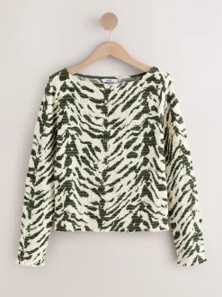 Dierenprint - Shirred Long Sleeve Slash Neck Top