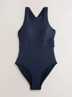 Donkerblauw - Badpak met hoge hals en traliewerk voor buikcorrectie