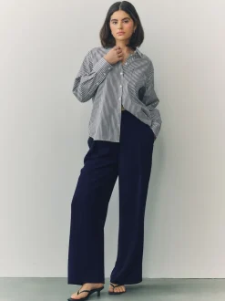 Donkerblauw - Broek met wijde pijpen en elastiek in de achterkant